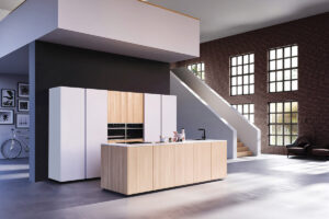 Moderne Küche mit dünnen Fronten und dünner Arbeitsplatte