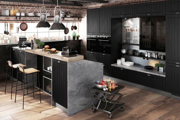 Schwarze Küche im Industriestil und integriertem Sitzbereich mit Beton und Holz-Elementen
