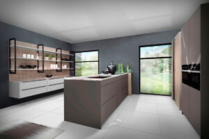 Kücheninsel in mattem Grau „Umbra“ mit schwarzer Umrahmung, Schränken in City Grey Oak mit integriertem Kräutergarten, industrielles schwarzes Wandregal und moderne Griffleisten in schwarzem Design.