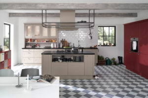 Landhausküche mit Rahmenfronten und Granitarbeitsplatte – klassisches Design mit modernem Farbakzent und nostalgischem Charme.