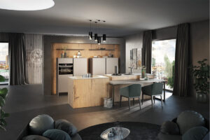 Moderne Küche mit grauen Schrankfronten, Holz-Korpus und Holzwand hinter den Hochschränken.