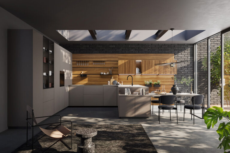 Rotpunkt Design U-Küche grau mit Tisch und Wallnuss-Hintergrund