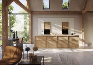 Grifflose Rotpunkt Küche in Bianco mit Holzakzenten in New Forest Oak – moderne Kombination aus Weiß und natürlicher Eiche mit klarer Linienführung.