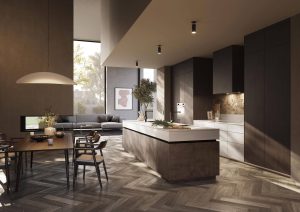 Moderne Rotpunkt Küche im Industrial-Stil mit Fronten in Loft Dark Oak, kombiniert mit Brown Steel und grauer Steinoptik – markante Materialien für ein urbanes Design.
